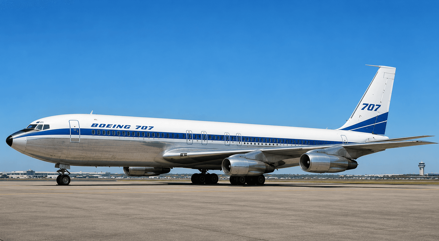 Boeing 707 four-engine commercial passenger aircraft in flight.